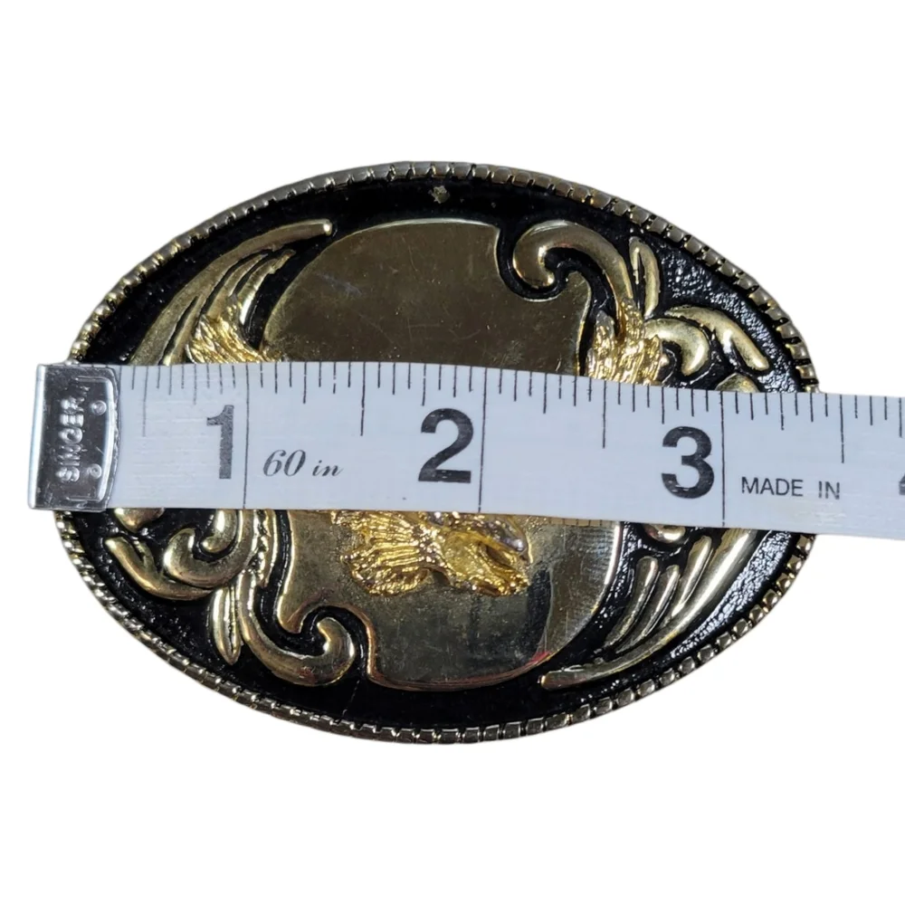 Soaring Eagle Belt Buckle Mens Western Floral Gold Tone Black Patriotic Vintage